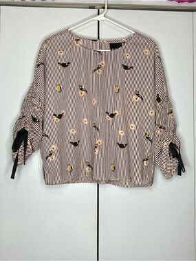 Nanette Lepore Nautical Preppy Striped Cotton Blouse Novelty Print Bird Floral S